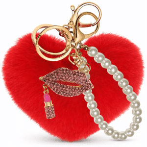 iAccessories Red Fluffy Faux Fur Pearl Diamond Heart Pom Pom Keychain – Girls’ Bags & Luggage Charm