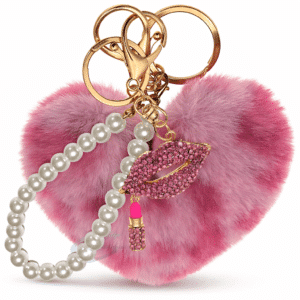 iAccessories Rose Lepo Faux Fur Heart Keychain with Pearl & Diamond Lips Charm – Fluffy Pom Pom Key Ring for Girls