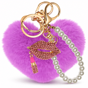 Violet Faux Fur Heart Pom Pom Keychain with Pearl & Diamond Lips – iAccessories Bag Charm for Girls