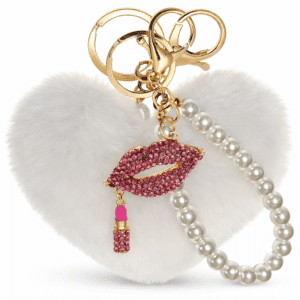 iAccessories White Faux Fur Heart Keychain with Pearl & Diamond Lips Charm – Fluffy Pom Pom Bag Accessory for Girls