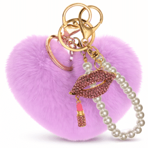 Light Purple Faux Fur Heart Keychain with Pearl & Diamond Lips Bag Charm – Cute Accessory for Girls