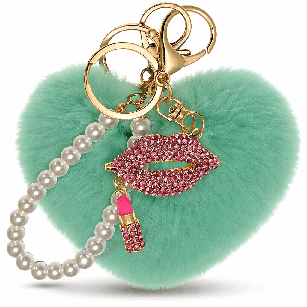 iAccessories Pearl Diamond Lips Fluffy Faux Fur Pom Pom Heart Keychain-MINTGREEN