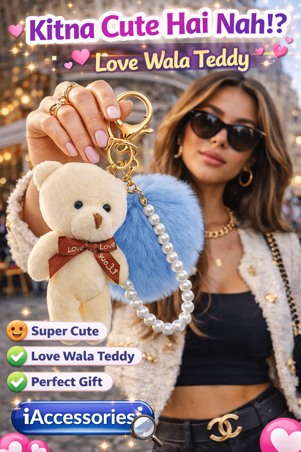 Fashion pom pom keychain close-up