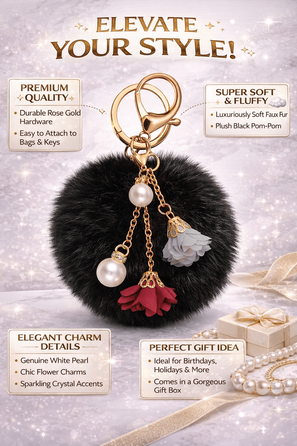 Cream pom pom with floral charm