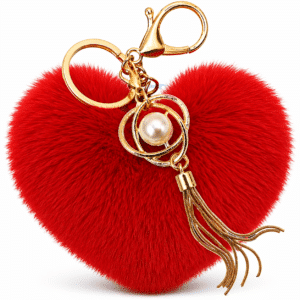 iAccessories Red Faux Fur Heart Keychain – Fluffy Pom Pom Pearl Tassel Key Ring Charm for Girls, Bags, Wallets & Luggage