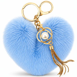 iAccessories Light Blue Faux Fur Heart Keychain – Fluffy Pom Pom Pearl Tassel Key Ring Charm for Girls, Bags, Wallets & Luggage