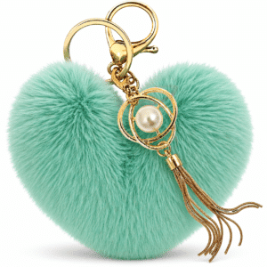 iAccessories Mint Green Faux Fur Pom Pom Heart Keychain with Pearl Tassel – Fluffy Key Ring Charm for Girls, Bags, Wallets & Luggage