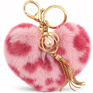 iAccessories Rose Faux Fur Heart Pom Pom Keychain with Pearl Tassel – Fluffy Key Ring Charm for Girls, Bags, Wallets & Luggage (Lepo Design)