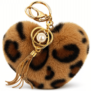 iAccessories Brown Faux Fur Heart Pom Pom Keychain with Pearl Tassel – Fluffy Key Ring Charm for Girls, Bags, Wallets & Luggage (Lepo Design)