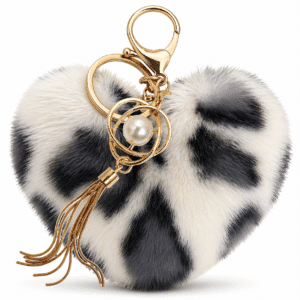 iAccessories Fluffy Soft Faux Fur Pearl Tassel Pompom Heart Key Ring | Keychain Charm for Girls Bags, Wallets and Luggage - White-Black Lepo
