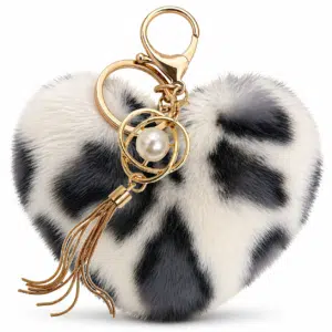 iAccessories Fluffy Soft Faux Fur Pearl Tassel Pompom Heart Key Ring | Keychain Charm for Girls Bags, Wallets and Luggage - White-Black Lepo