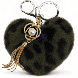 iAccessories Dark Green Faux Fur Heart Pom Pom Keychain with Pearl Tassel – Fluffy Key Ring Charm for Girls, Bags, Wallets & Luggage (Lepo Design)