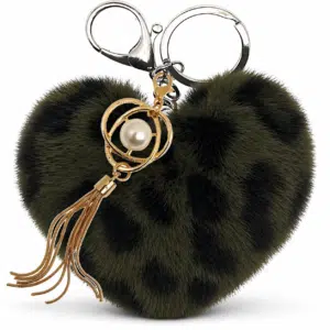 iAccessories Dark Green Faux Fur Heart Pom Pom Keychain with Pearl Tassel – Fluffy Key Ring Charm for Girls, Bags, Wallets & Luggage (Lepo Design)
