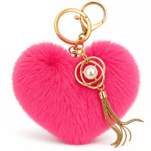 iAccessories Hot Pink Faux Fur Heart Pom Pom Keychain with Pearl Tassel – Fluffy Key Ring Charm for Girls, Bags, Wallets & Luggage