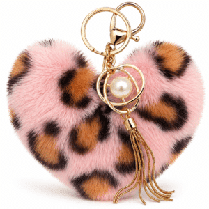iAccessories Pink Faux Fur Heart Keychain – Fluffy Pom Pom Pearl Tassel Key Ring Charm for Girls, Bags, Wallets & Luggage (Lepo Design)