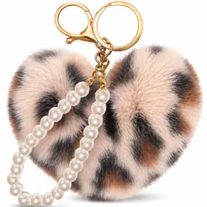 iAccessories Cream Faux Fur Heart Pom Pom Keychain – Fluffy Key Ring Charm for Girls, Bags, Wallets & Luggage (Lepo Design)